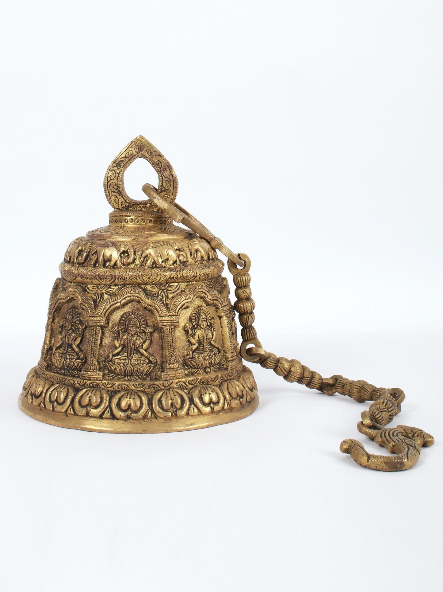 29'' Ashtalakshmi Bell With Multiple Design Engraved And Heavy Chain | Handmade Brass Bell For Temple