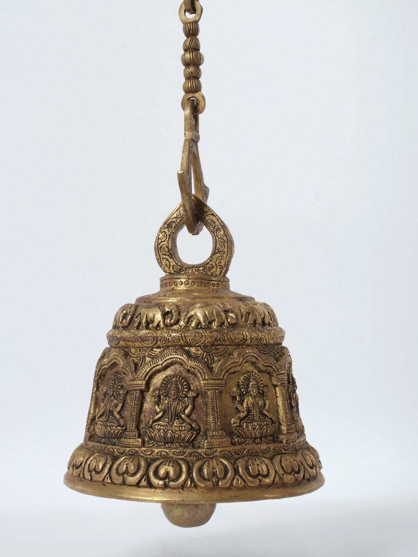 29'' Ashtalakshmi Bell With Multiple Design Engraved And Heavy Chain | Handmade Brass Bell For Temple