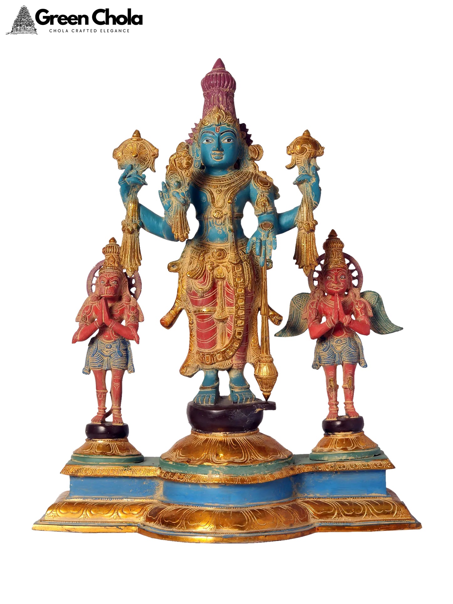 24-inch Colorful Standing Lord Vishnu Brass Statue with Garuda and Hanuman