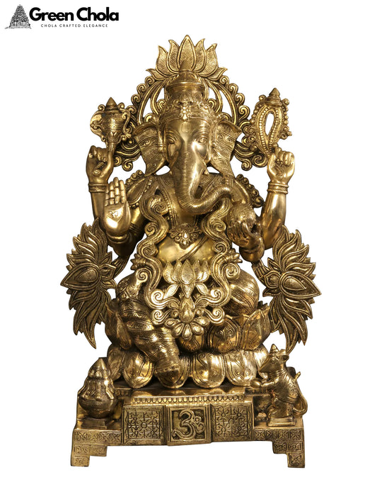 25-inch Four-Armed Ganapati Brass Statue Seated on Lotus