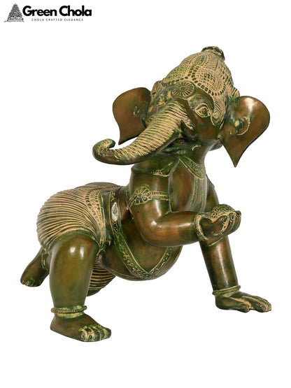 25-inch Crawling Baby Ganesha Brass Idol | Gifts for Housewarming