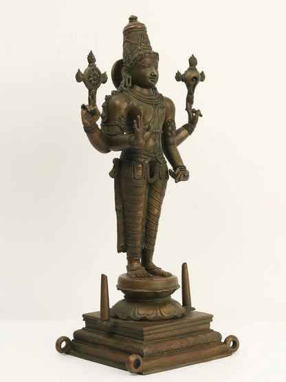 20" Bronze Lord Vishnu Idol Standing On Pedestal | Handmade Idol | Lord Vishnu Statue