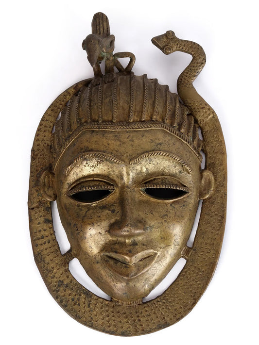 11" Tribal Tantrik Mask In Bronze | Handmade Figurine | Decorative Bronze Mask