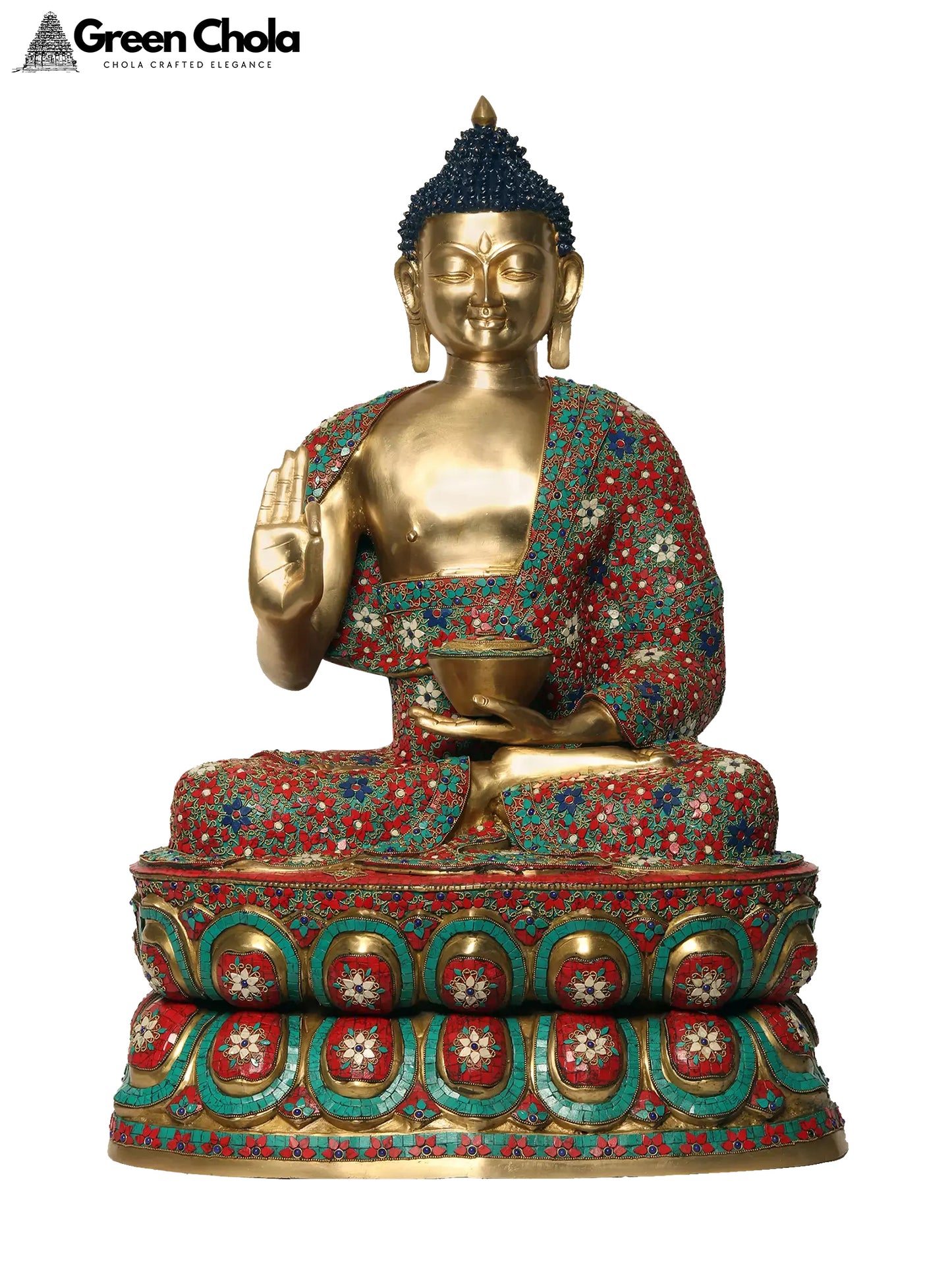 38-Inch Large Buddha Brass Sculpture in Vitark Mudra with Inlay Work