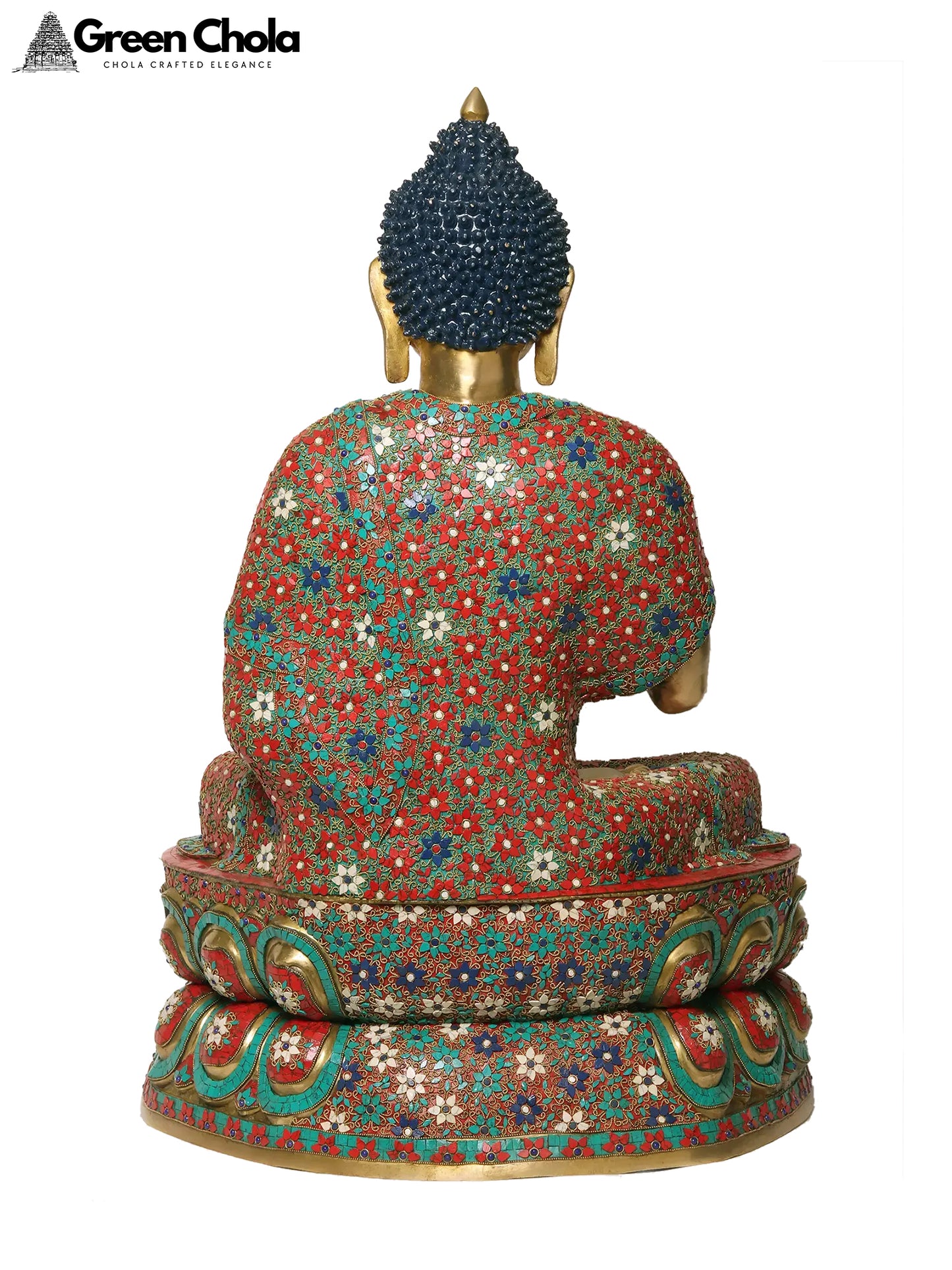 38-Inch Large Buddha Brass Sculpture in Vitark Mudra with Inlay Work