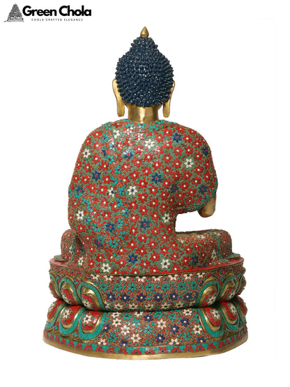 38-Inch Large Buddha Brass Sculpture in Vitark Mudra with Inlay Work