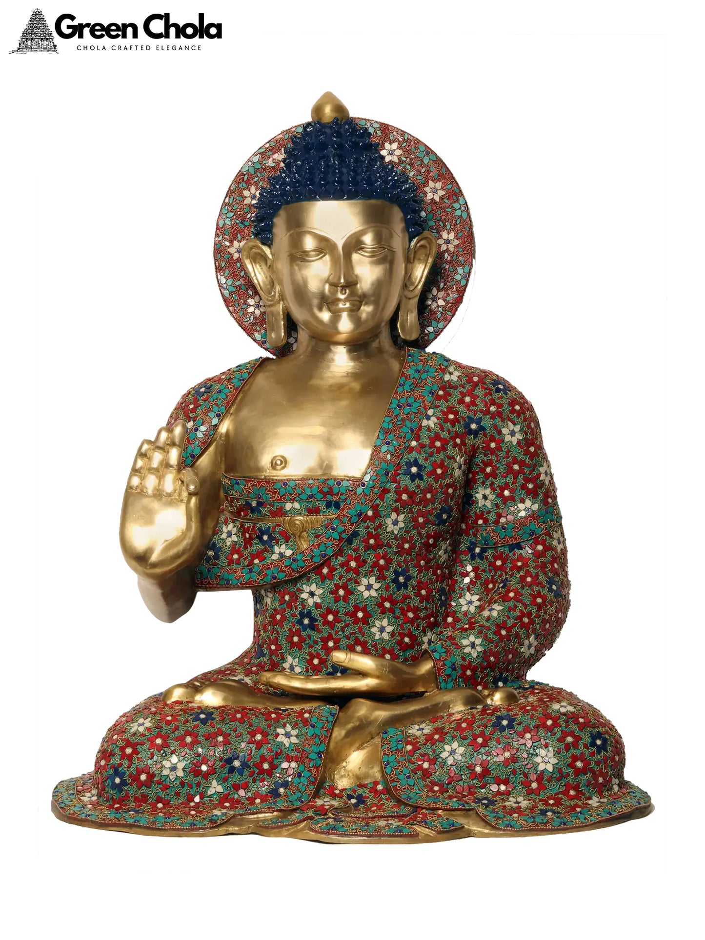 36-Inch Large Sitting Lord Buddha Brass Statue with Inlay Work in Vitarka Mudra