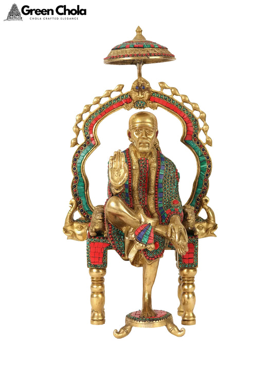 22" Large Blessing Sai Baba Brass Statue with Inlay Work Seated on Throne