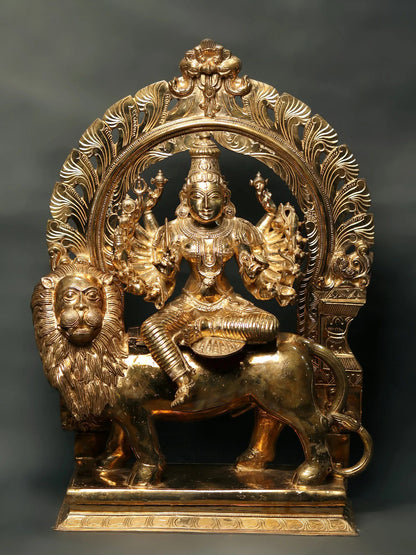 27" Goddess Durga Bronze Statue Seated On Lion With Kirtimukha Throne | Handmade Idol | Goddess Statue