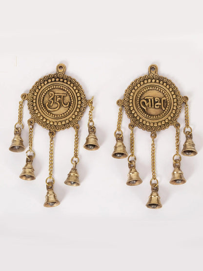 11" Pair Of Shubh Labh Brass Wall Hanging Bells | Handmade Brass Bell For Temple