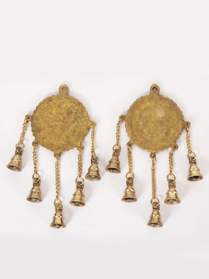 11" Pair Of Shubh Labh Brass Wall Hanging Bells | Handmade Brass Bell For Temple