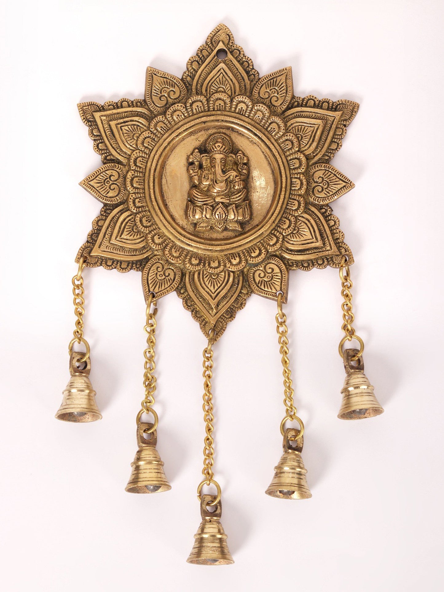 15" Lord Ganesha Wall Hanging With Dangling Bells In Brass | Handmade Brass Bell For Temple