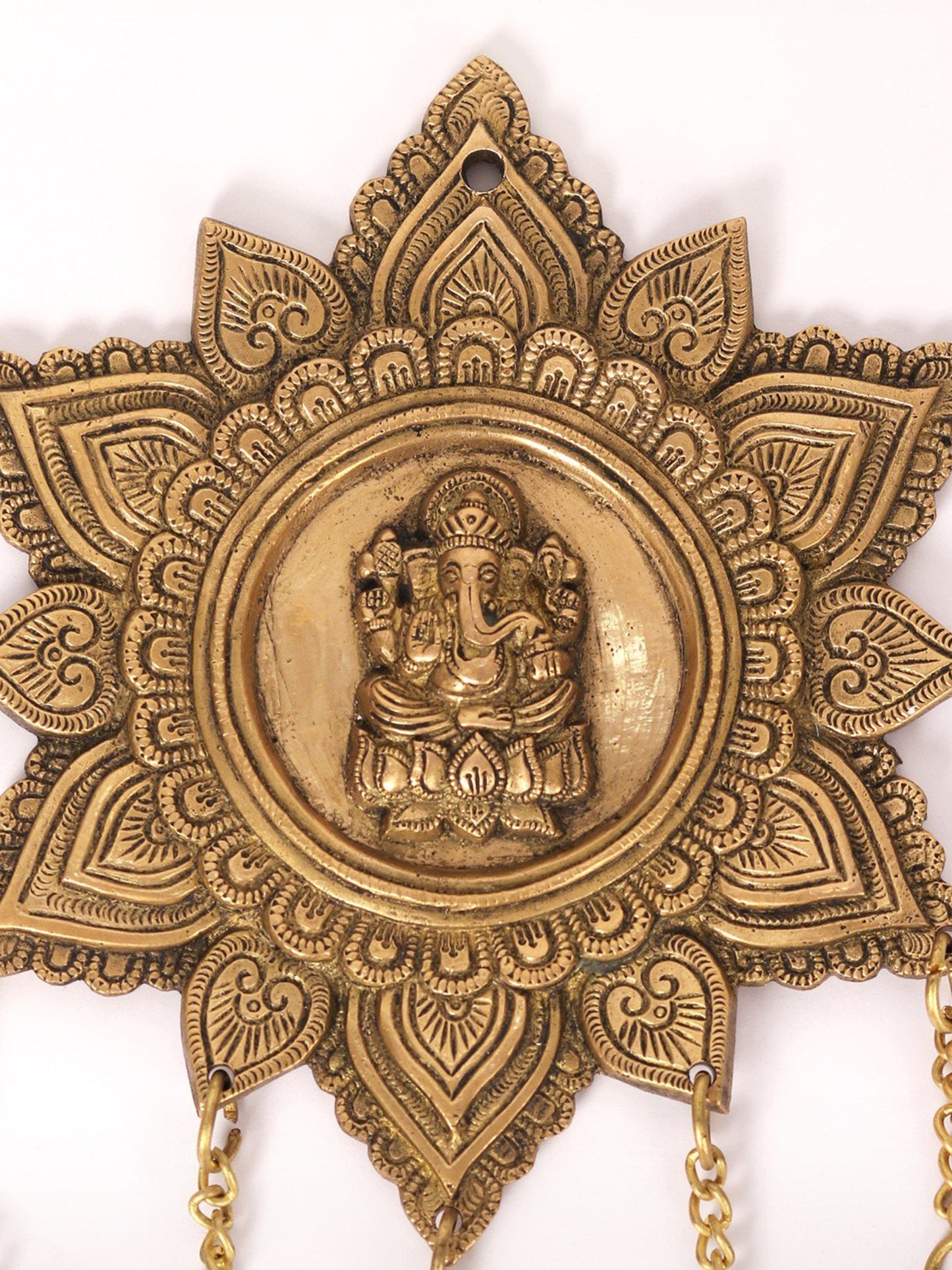 15" Lord Ganesha Wall Hanging With Dangling Bells In Brass | Handmade Brass Bell For Temple