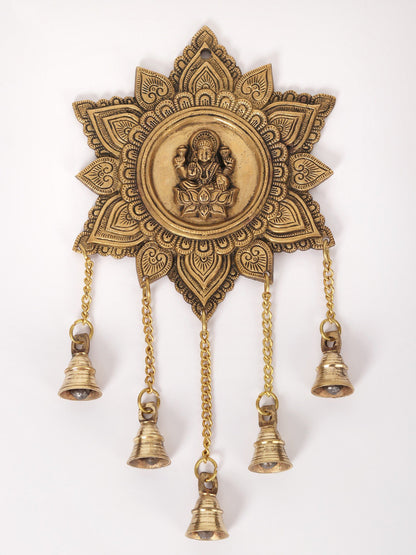 15" Devi Lakshmi Wall Hanging With Dangling Bells In Brass | Handmade Wall Decor Brass Bell For Temple