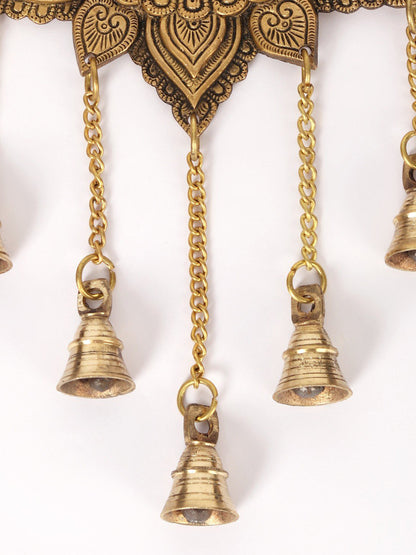 15" Devi Lakshmi Wall Hanging With Dangling Bells In Brass | Handmade Wall Decor Brass Bell For Temple