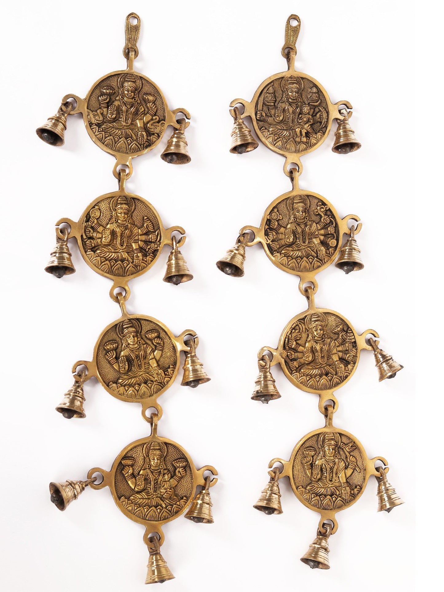 24" Pair Of Ashta Lakshmi Wall Hanging Bells In Brass | Handmade Wall Decor Brass Bell For Temple