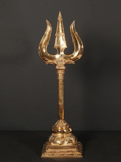 24" Bronze Lord Shiva'S Trishul | Trident With Stand | Handmade Bronze Trident For Temple