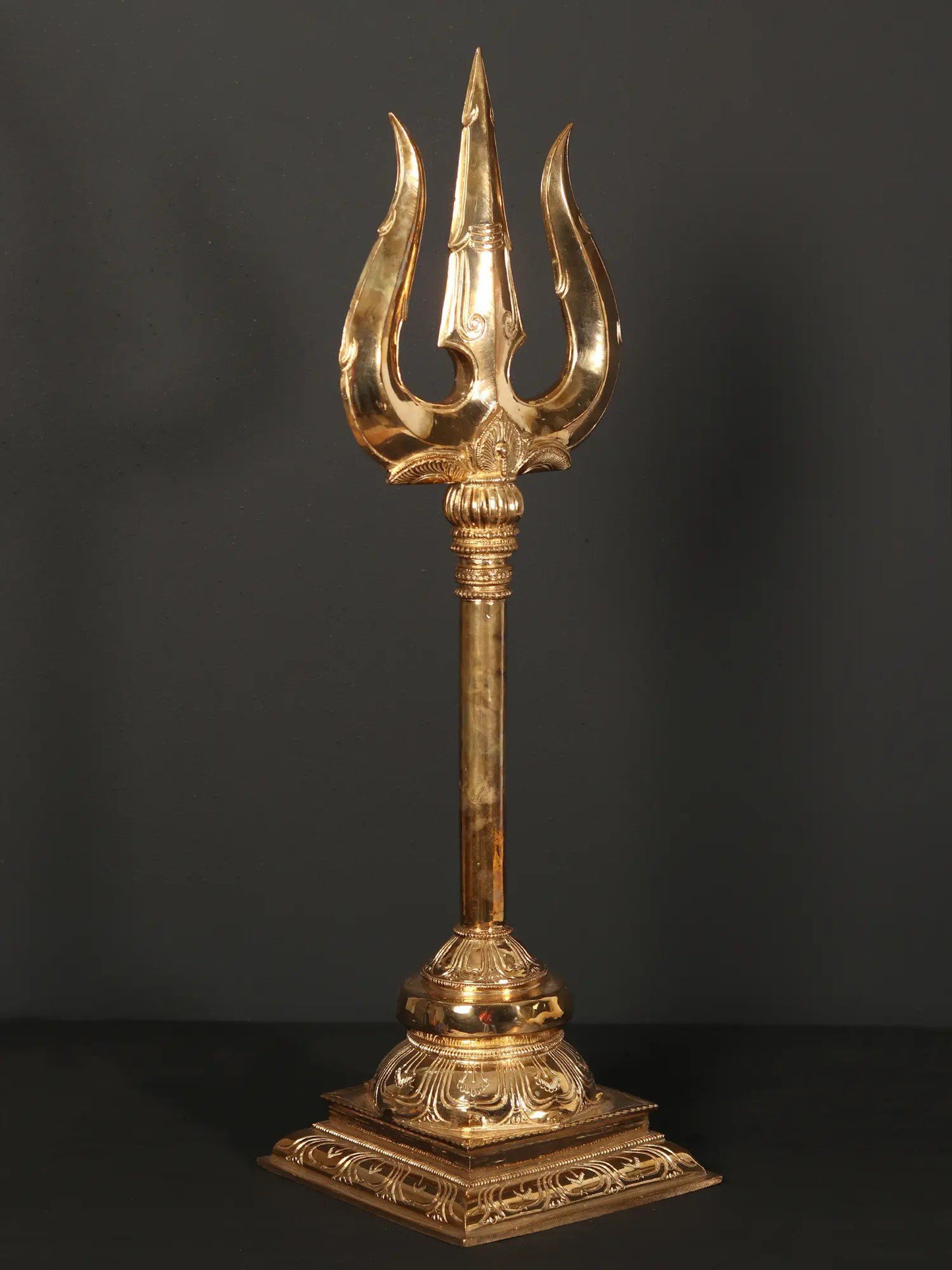 24" Bronze Lord Shiva'S Trishul | Trident With Stand | Handmade Bronze Trident For Temple