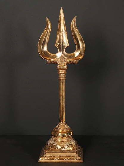 24" Bronze Lord Shiva'S Trishul | Trident With Stand | Handmade Bronze Trident For Temple