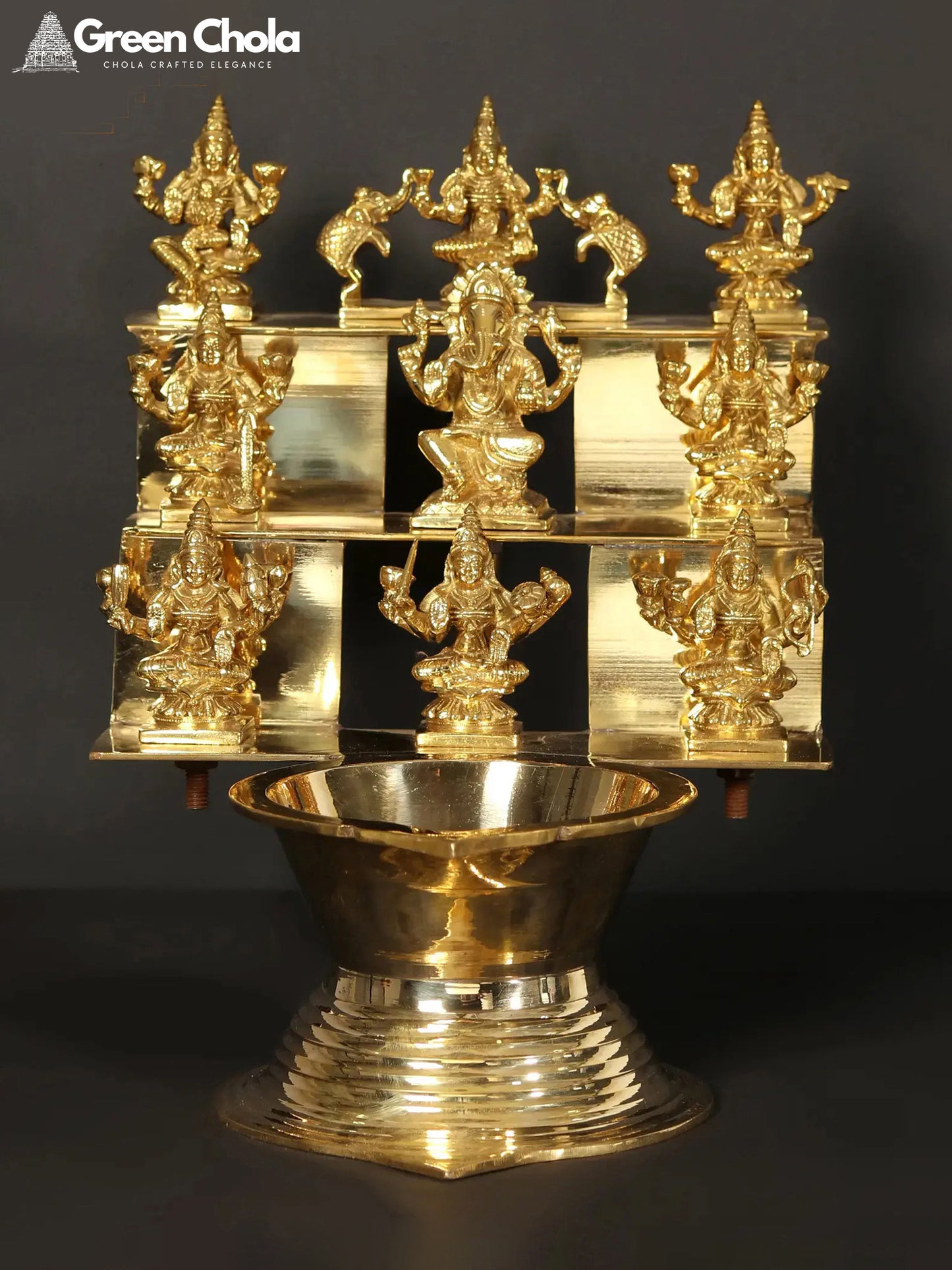 16-inch Brass Ashta Lakshmi Lamp with Ganesha - Traditional Indian Religious Decor