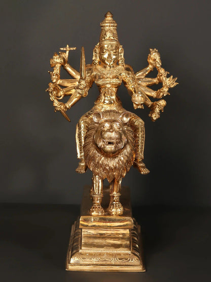 18" Ten-Armed Goddess Durga (Sherawali Maa) Idol Seated On Lion | Handmade Bronze Statue