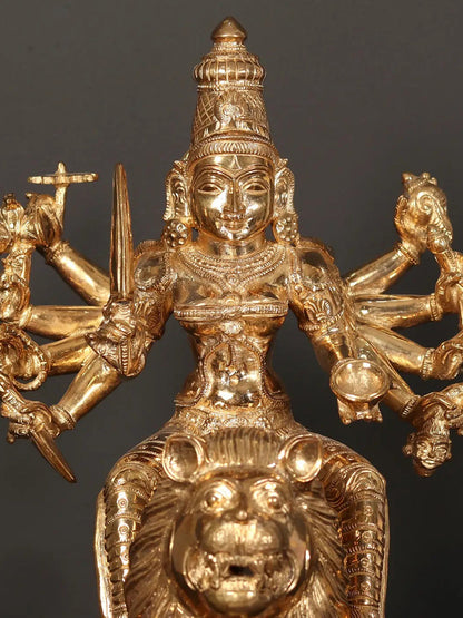 18" Ten-Armed Goddess Durga (Sherawali Maa) Idol Seated On Lion | Handmade Bronze Statue