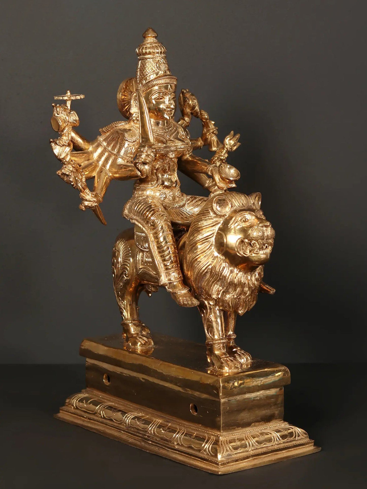 18" Ten-Armed Goddess Durga (Sherawali Maa) Idol Seated On Lion | Handmade Bronze Statue