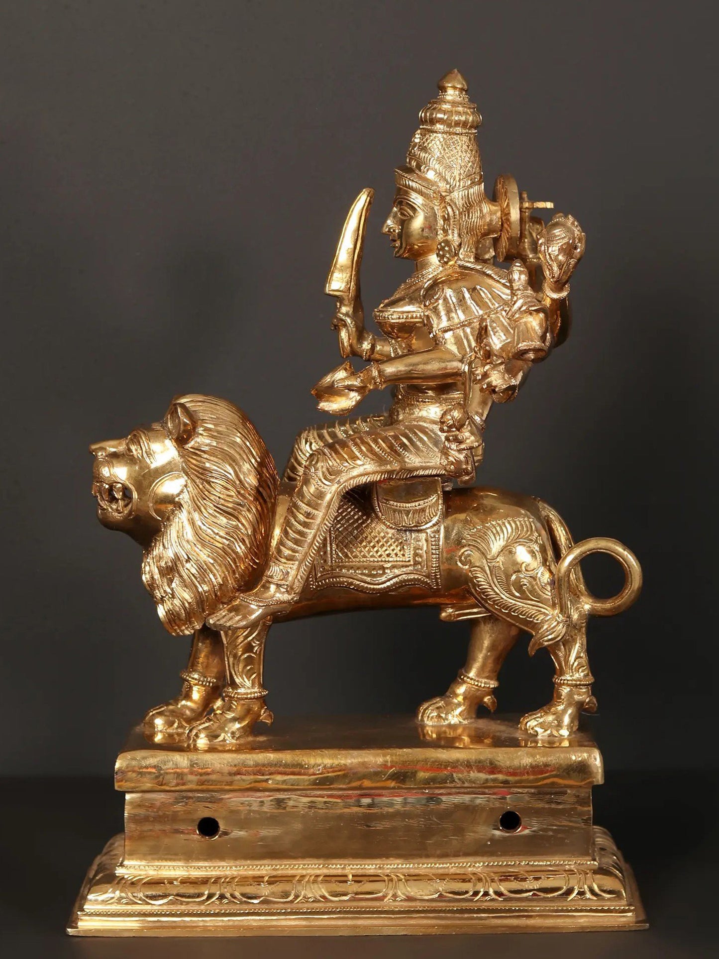 18" Ten-Armed Goddess Durga (Sherawali Maa) Idol Seated On Lion | Handmade Bronze Statue