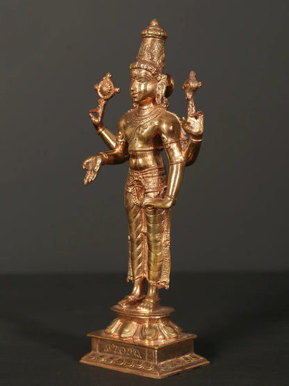 8" Lord Vishnu Idol Standing On Pedestal In Bronze Statue | Handmade Idol | Bronze Figurine