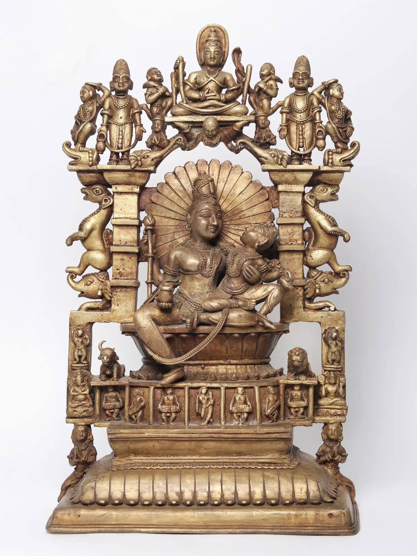 22" Bronze Shiva And Parvati Idol Seated On Throne In The Divine Residence Of Kailasa | Bronze Statue For Temple