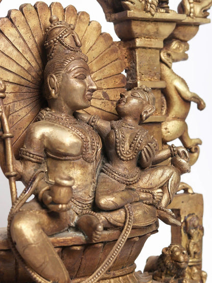 22" Bronze Shiva And Parvati Idol Seated On Throne In The Divine Residence Of Kailasa | Bronze Statue For Temple