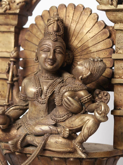 22" Bronze Shiva And Parvati Idol Seated On Throne In The Divine Residence Of Kailasa | Bronze Statue For Temple