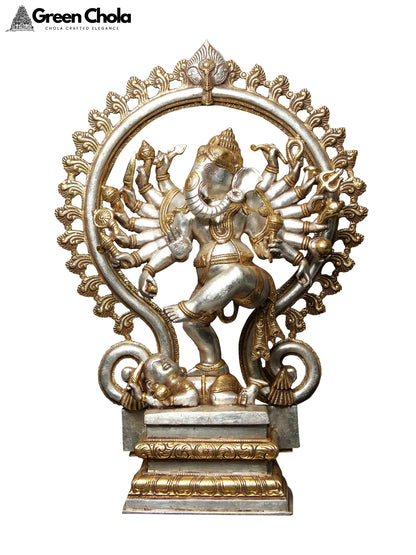 26" Gold and Silver Sixteen-Armed Dancing Lord Ganesha Brass Idol