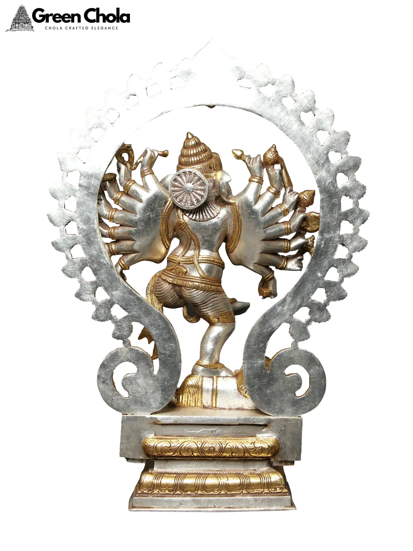 26" Gold and Silver Sixteen-Armed Dancing Lord Ganesha Brass Idol