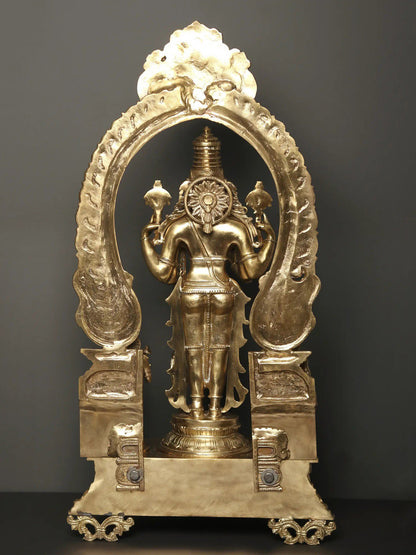 32" Bronze Lord Vishnu Statue With Kirtimukha Prabhavali | Handmade Idol | Lord Vishnu Figurine For Temple