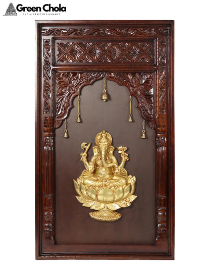 47-inch Brass Lord Ganesha Idol Seated on Lotus - Wooden Wall Hanging Frame