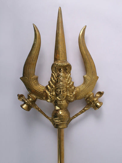 54" Brass Trident Of Shiva With Goddess Parvati Face | Handmade Brass Trident For Temple