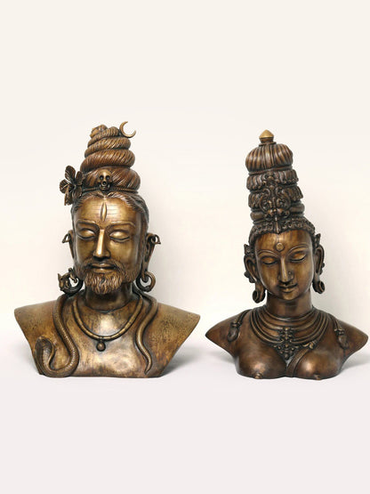 22" Superfine Shiva Parvati Bust In Bronze | Handmade Idol | Bronze Shiva And Parvati Figurine