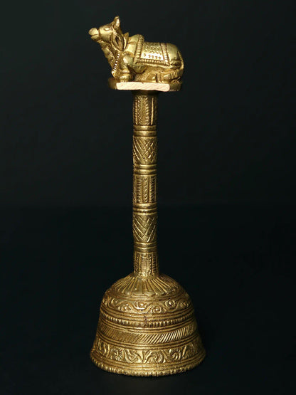 6" Designer Brass Hindu Ritual Bell With Nandi On The Top | Brass Bell For Pooja | Decorative Bell