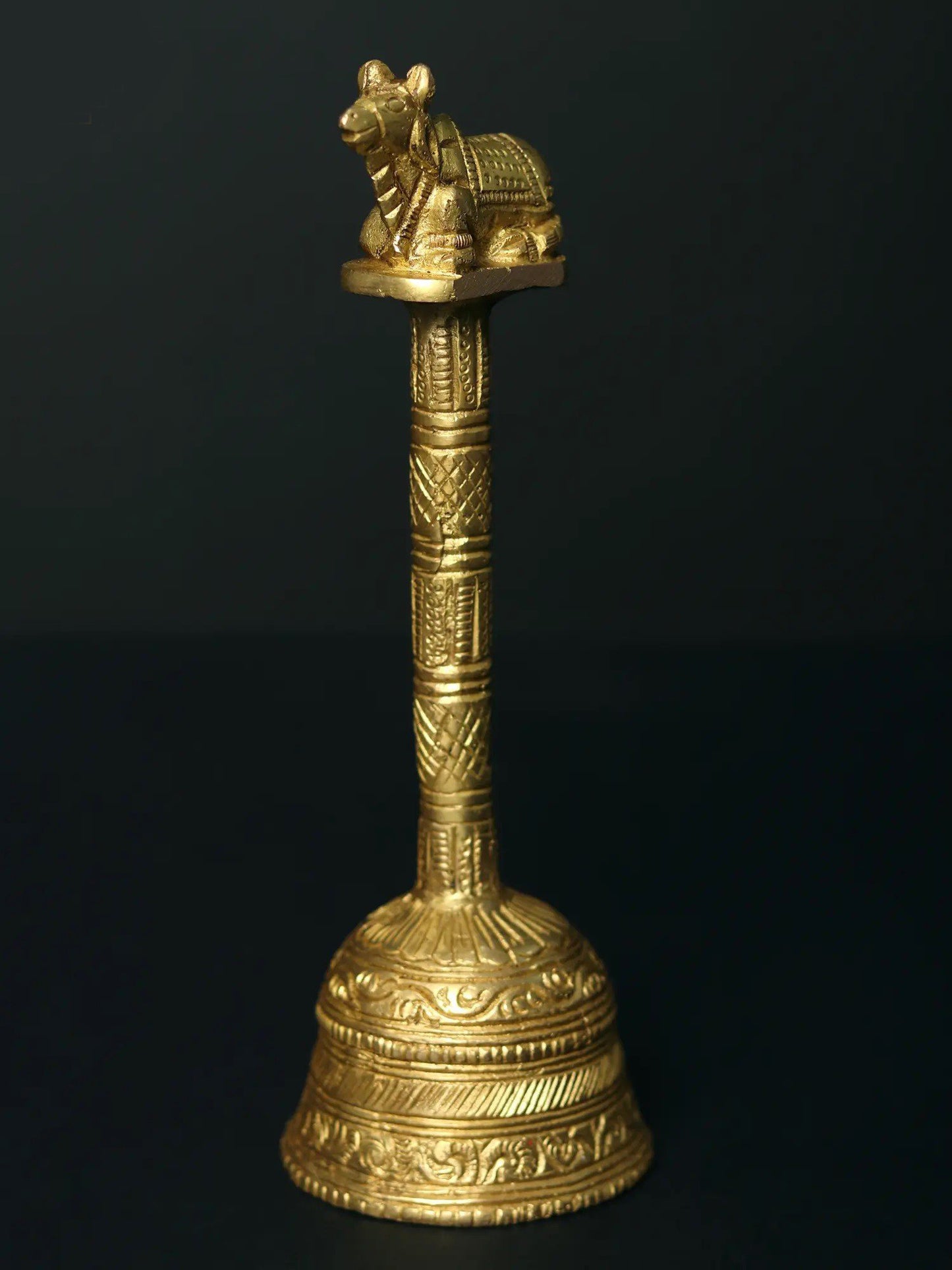 6" Designer Brass Hindu Ritual Bell With Nandi On The Top | Brass Bell For Pooja | Decorative Bell