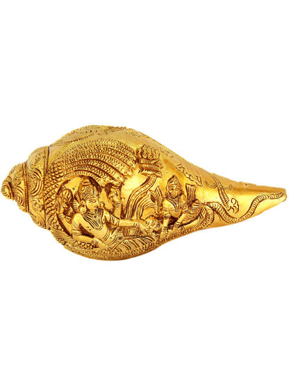 8" Conch with Lord Vishnu and Lakshmi Ji in Brass | Handmade | Made in India