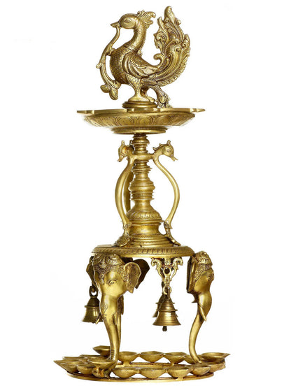 24" Peacock Lamp And Bell Supported By Elephant Head With A Series Of Pooja Diyas In Brass | Brass Lamp For Temple