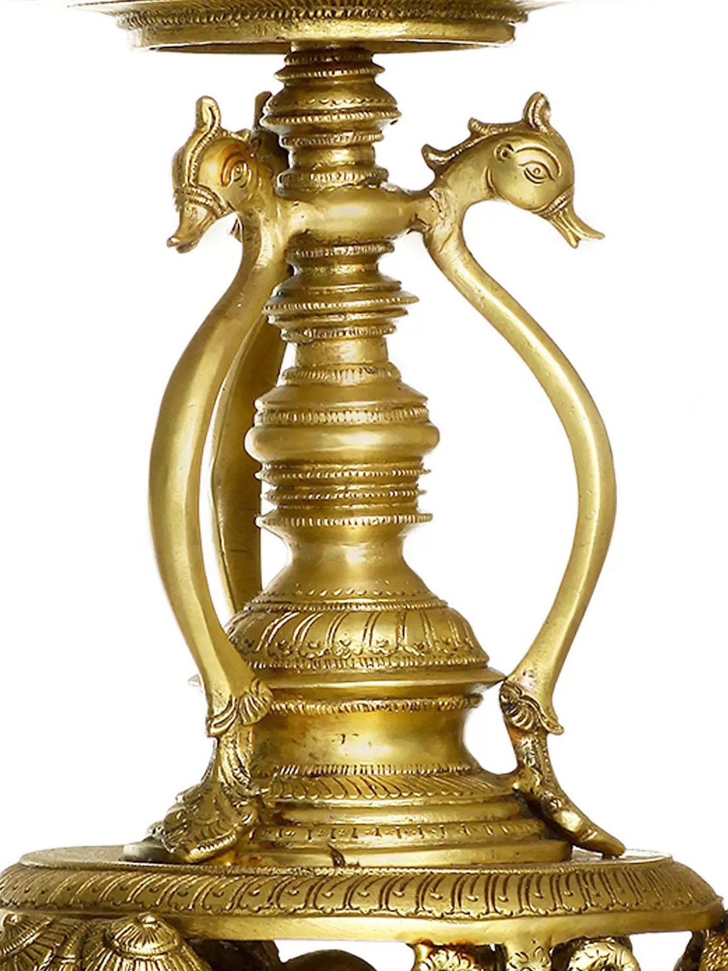 24" Peacock Lamp And Bell Supported By Elephant Head With A Series Of Pooja Diyas In Brass | Brass Lamp For Temple