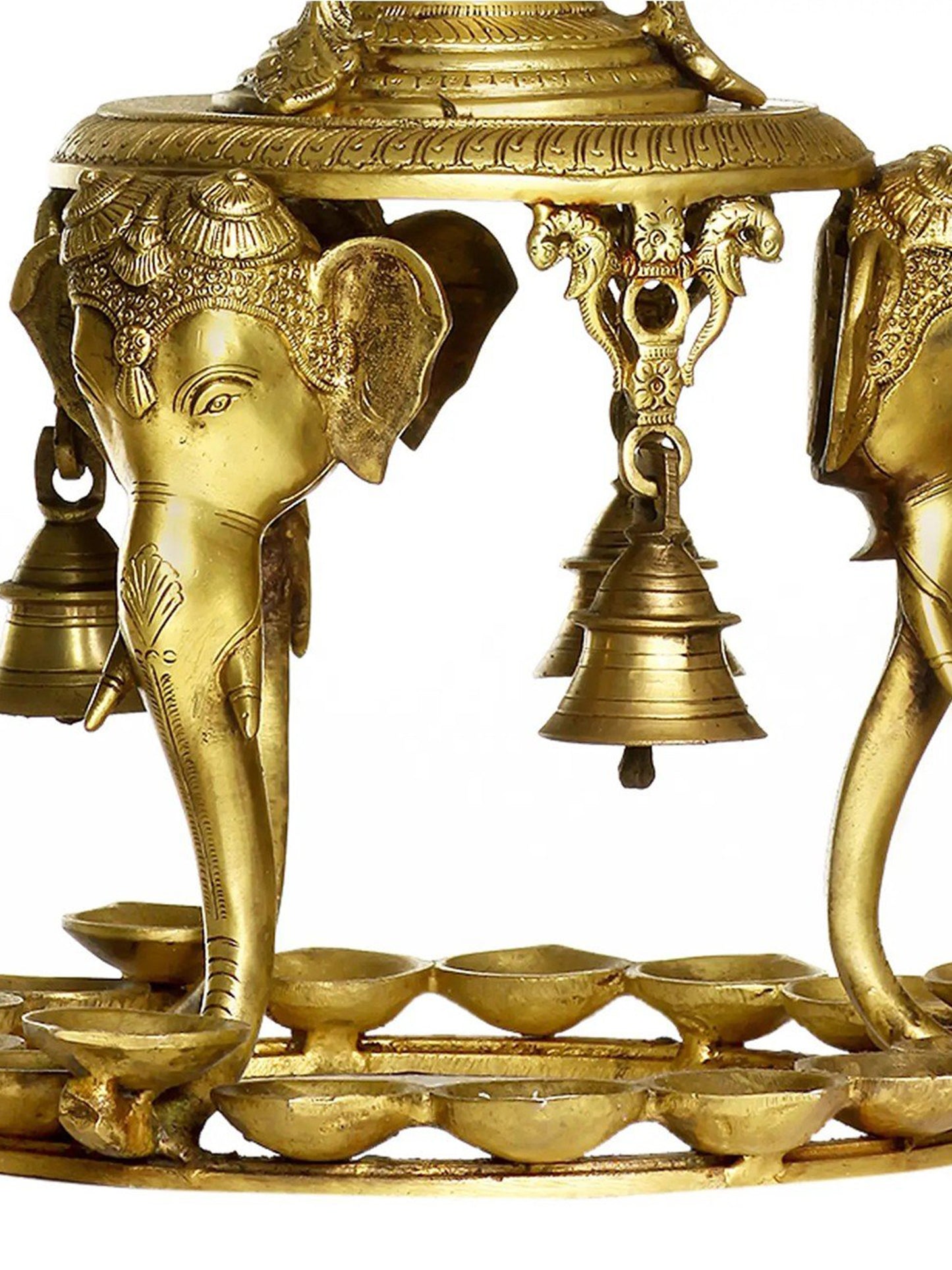 24" Peacock Lamp And Bell Supported By Elephant Head With A Series Of Pooja Diyas In Brass | Brass Lamp For Temple