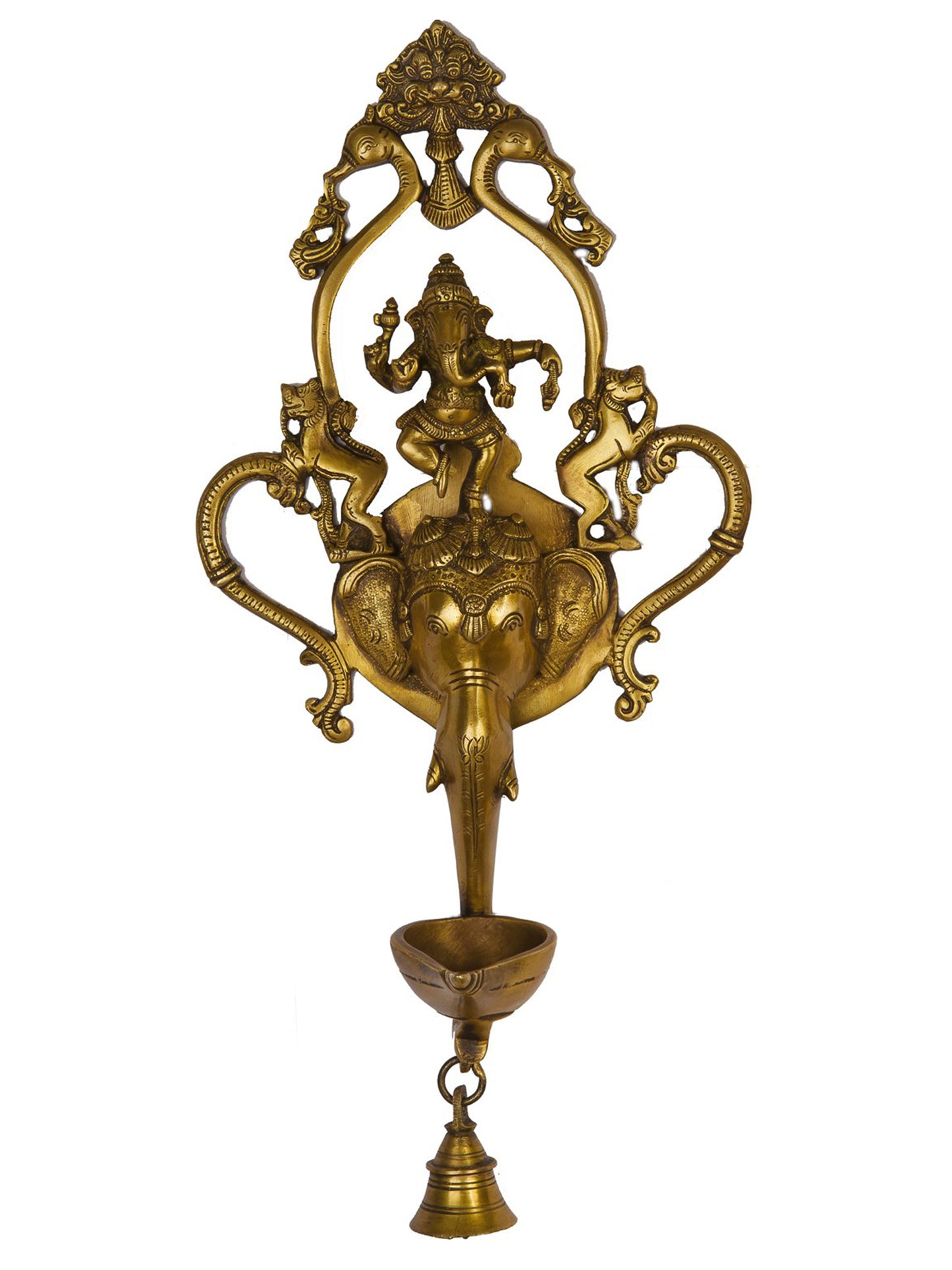 16" Dancing Ganesha Wall Hanging Lamp With Bell In Brass | Brass Lamp For Temple