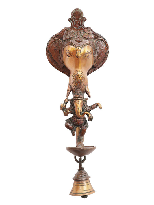 11" Elephant Wall Hanging Lamp With Dancing Ganesha And Bells In Brass | Brass Lamp | Decorative Lamp