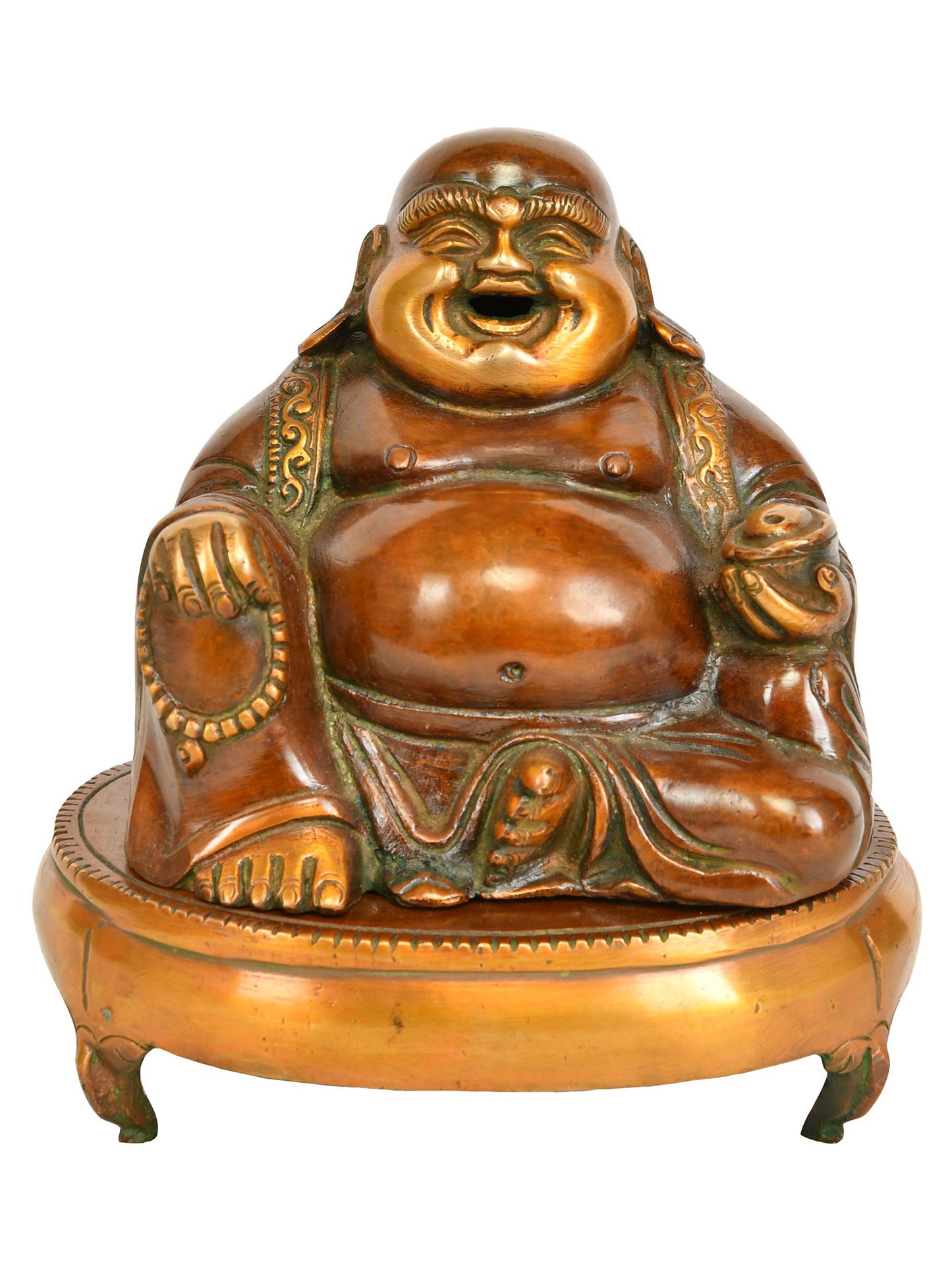 6" Laughing Buddha Incense Burner in Brass | Handmade | Made in India