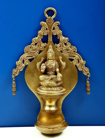 10" Goddess Lakshmi Wall Hanging Lamp With Twin Bells In Brass | Brass Lamp For Temple