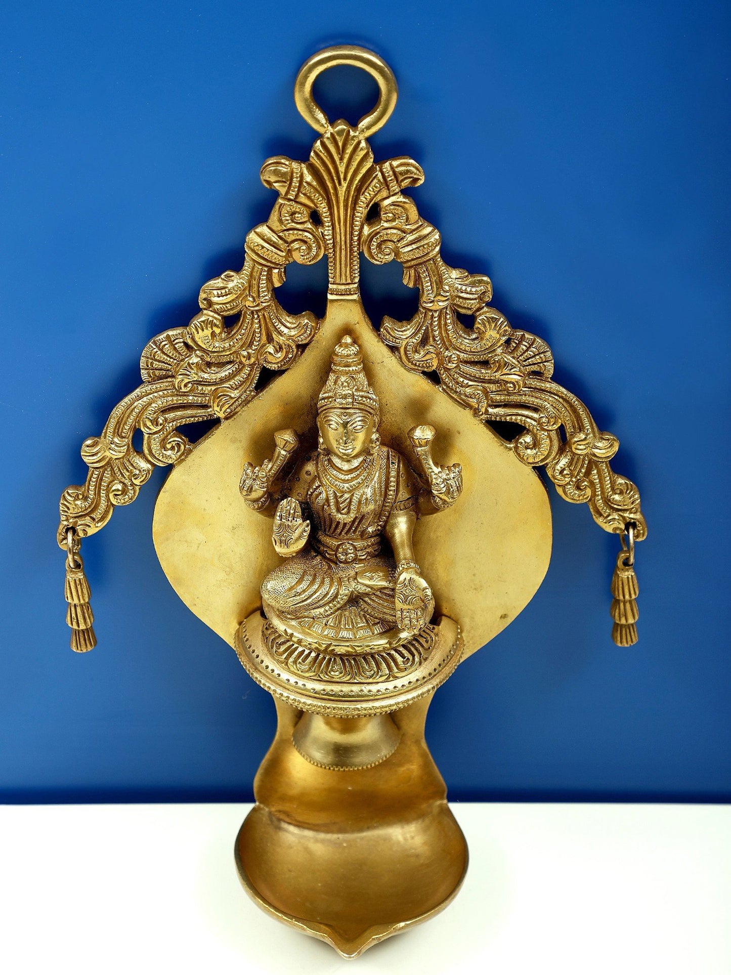 10" Goddess Lakshmi Wall Hanging Lamp With Twin Bells In Brass | Brass Lamp For Temple