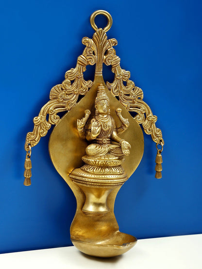 10" Goddess Lakshmi Wall Hanging Lamp With Twin Bells In Brass | Brass Lamp For Temple